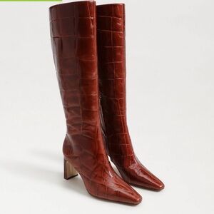 Cognac Croc-Embossed Knee-High Boots